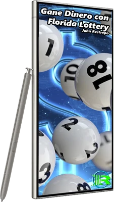 Imagen de un celular con fondo azul y balotas cayendo, con el título 'Gane Dinero Con Florida Lottery'