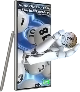 Mano de Inteligencia Artificial sosteniendo balota de lotería con signo de pesos en fondo azul.