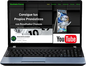 Imagen de computadora mostrando el canal de YouTube de Resultados Chances y parte de la página web.